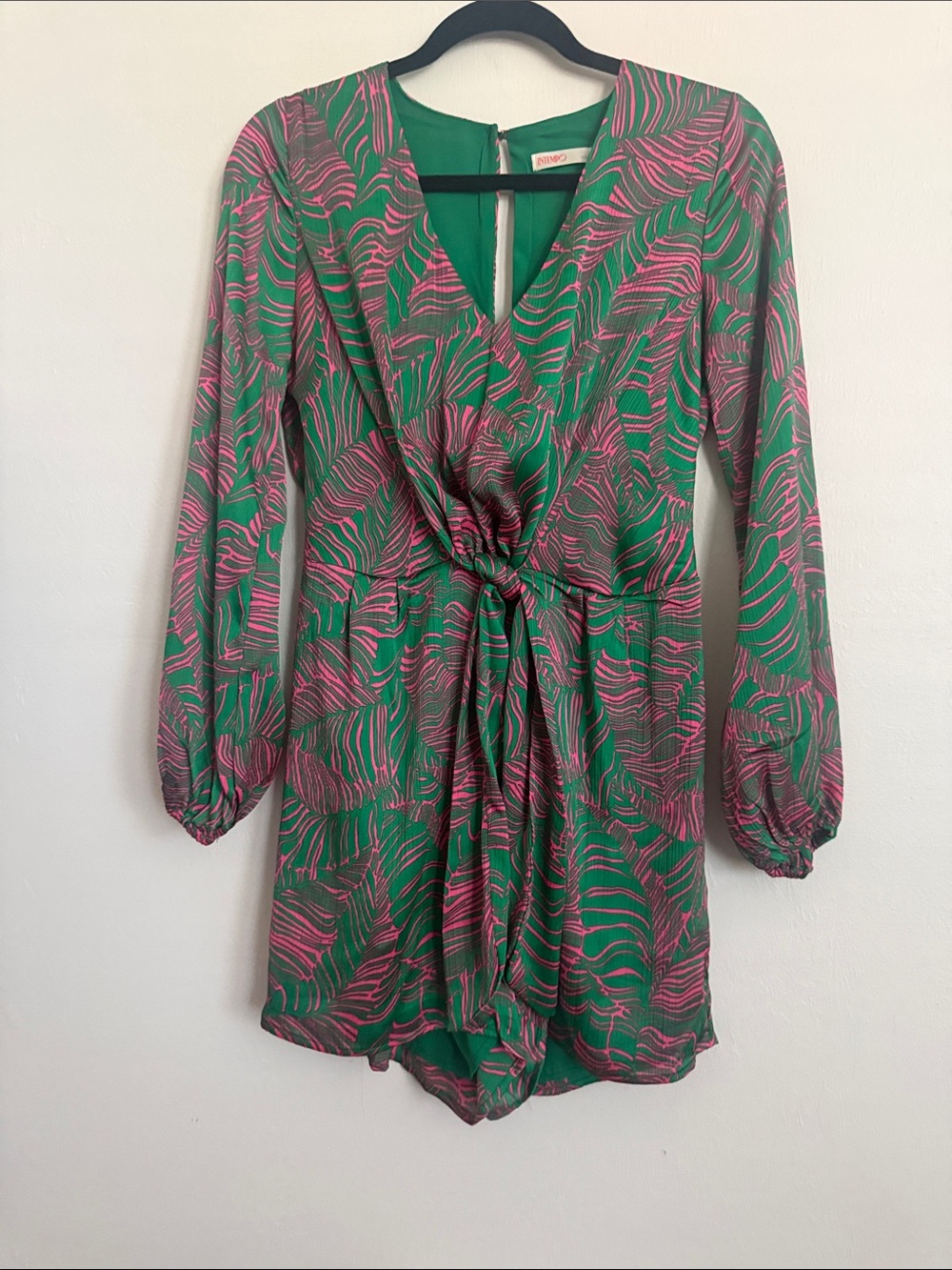 Green and Pink Long-Sleeve V-Neck Tie-Waist Dress